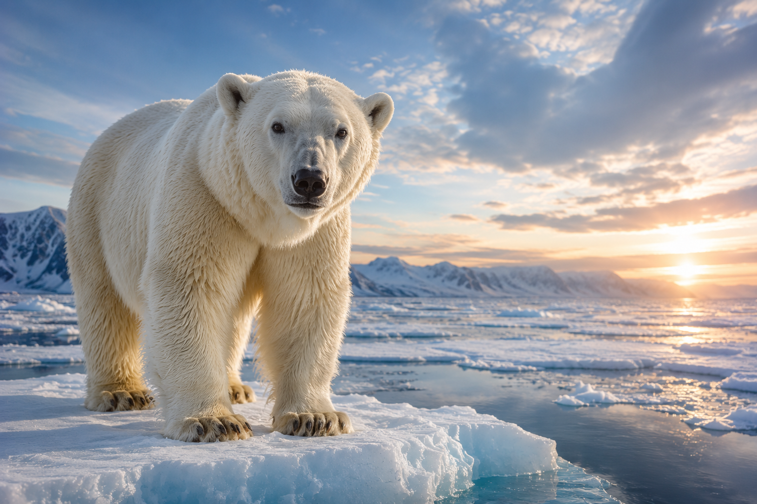 Close-up of a polar bear standing on Arctic ice at golden sunrise with dramatic mountains in the background